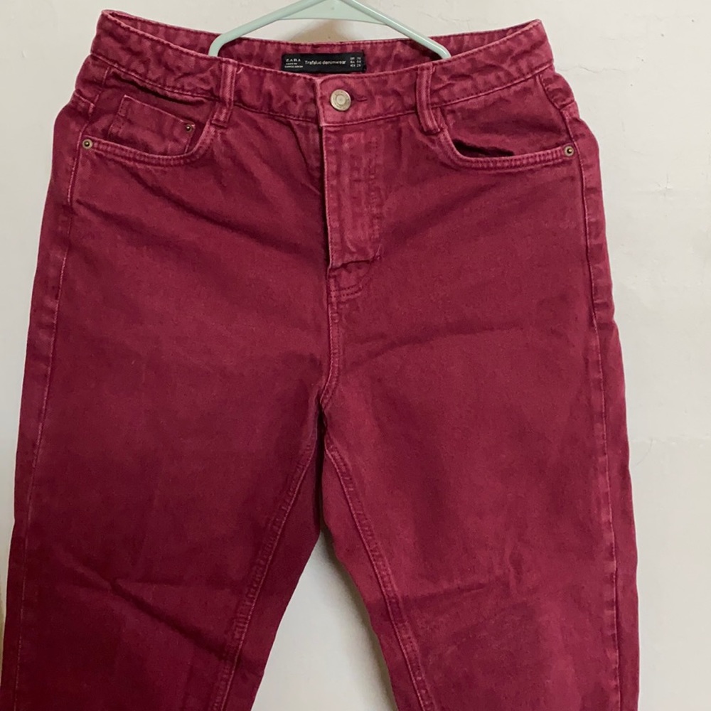 Red straight leg jeans